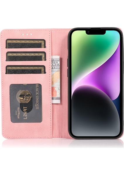iPhone15 Plus Pu Deri Telefon Kılıfı Manyetik Kapanış Standı Cüzdan Kapak Golü Altın (Yurt Dışından)
