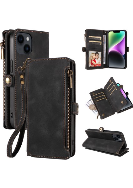 iPhone15 Pro Pu Deri Cüzdan Stand Telefon Kapak Black Için Fermuar Cep Rfıd Engelleme Telefon Kılıfı (Yurt Dışından)