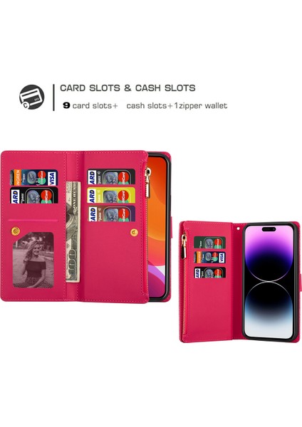iPhone15 Plus Artı Işıltılı Deri Telefon Kasası Fermuar Cüzdan Standı Lazer Oyma Telefon Kapağı-Gül (Yurt Dışından)