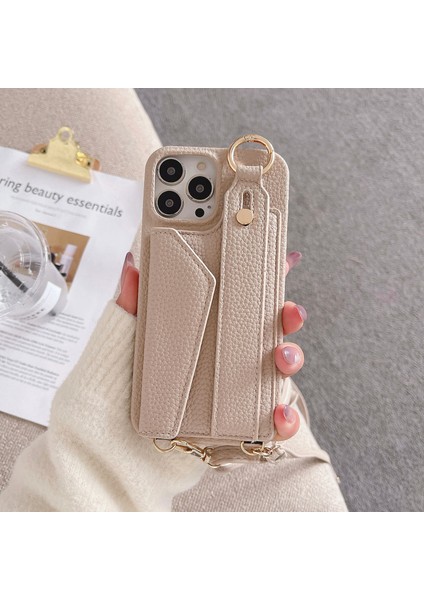 iPhone15 Pro Pu Deri+Pc Kart Tutucu Için Telefon Kılıfı Kılıf Telefon Kapağı Omuz Askısı-Khaki ile (Yurt Dışından)