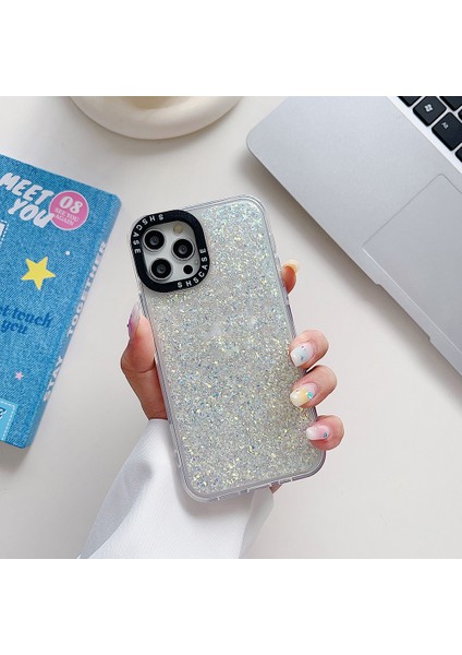 iPhone15 Pro Max Max Için Düşüş Koşullu Glitter Bling Epoksi Pc+Tpu Telefon Kapak Kamera Koruma Çerçevesi Geri Kılıf Beyaz (Yurt Dışından)