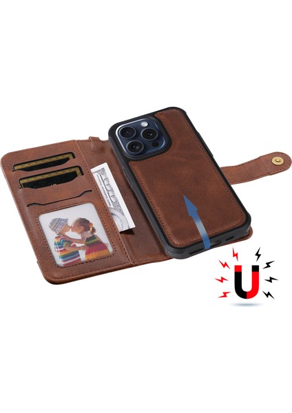 iPhone15 Pro Korusu 2'de Söndürülebilir Pu Deri Telefon Stand Cüzdan Kapak Kavurosu (Yurt Dışından) fırsatları