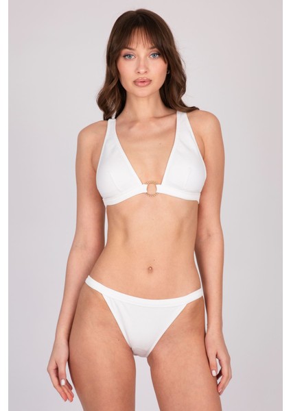 Gold Halka Detaylı Beyaz Üçgen Bikini Takımı