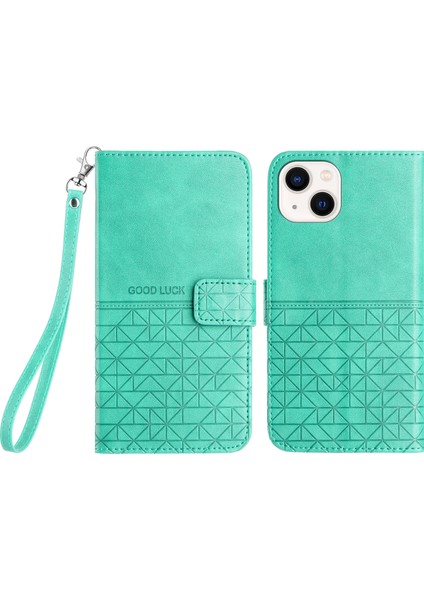 iPhone15 Plus Geometrik Baskılı Düz ​​renkli Mikrofiber Deri Telefon Kapağı Standı Cüzdan Kılıf Yeşili (Yurt Dışından)