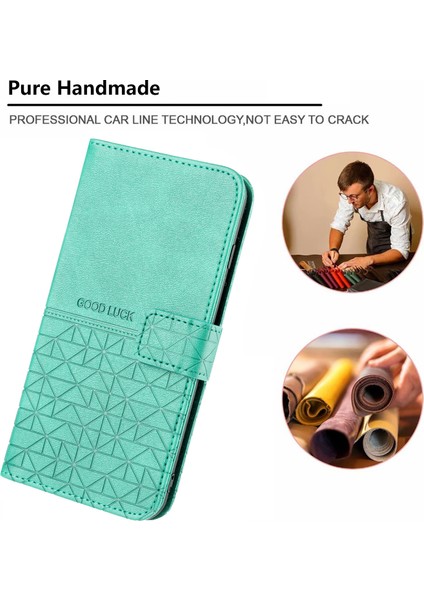 iPhone15 Plus Geometrik Baskılı Düz ​​renkli Mikrofiber Deri Telefon Kapağı Standı Cüzdan Kılıf Yeşili (Yurt Dışından)