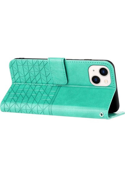 iPhone15 Plus Geometrik Baskılı Düz ​​renkli Mikrofiber Deri Telefon Kapağı Standı Cüzdan Kılıf Yeşili (Yurt Dışından)