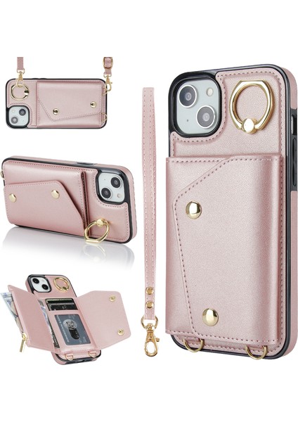 iPhone15 Fermuarı Cüzdanı Telefon Kılıfı Pu Derisi+Tpu Yüzük Kickstand Sırt Kapak 2 Kayış-Rose Altın (Yurt Dışından)