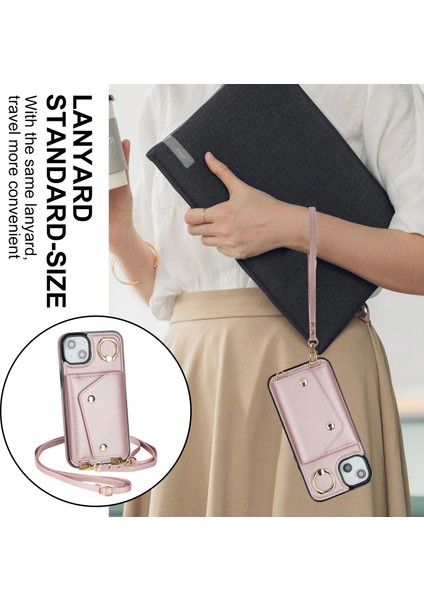 iPhone15 Fermuarı Cüzdanı Telefon Kılıfı Pu Derisi+Tpu Yüzük Kickstand Sırt Kapak 2 Kayış-Rose Altın (Yurt Dışından)