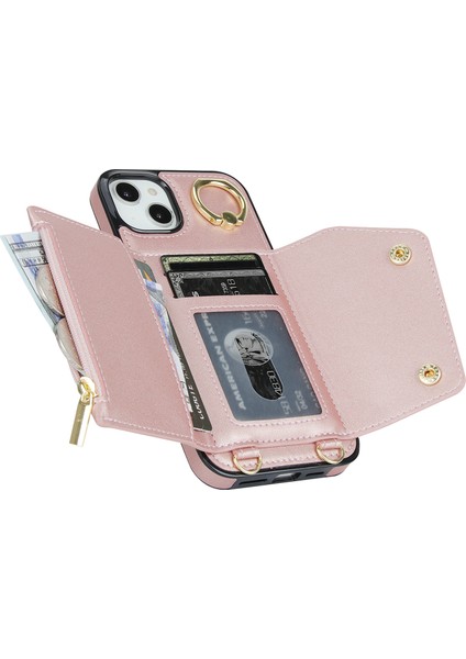 iPhone15 Fermuarı Cüzdanı Telefon Kılıfı Pu Derisi+Tpu Yüzük Kickstand Sırt Kapak 2 Kayış-Rose Altın (Yurt Dışından)