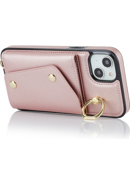 iPhone15 Fermuarı Cüzdanı Telefon Kılıfı Pu Derisi+Tpu Yüzük Kickstand Sırt Kapak 2 Kayış-Rose Altın (Yurt Dışından)