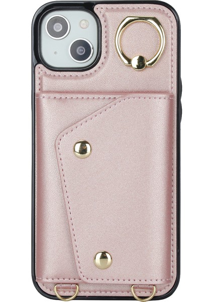 iPhone15 Fermuarı Cüzdanı Telefon Kılıfı Pu Derisi+Tpu Yüzük Kickstand Sırt Kapak 2 Kayış-Rose Altın (Yurt Dışından)