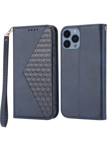 iPhone15 Pro Pu Deri Telefon Kılıfı Için Basklı Rhombus Desen Görüntüleme Stand Cüzdan Kapak Mavisi (Yurt Dışından)