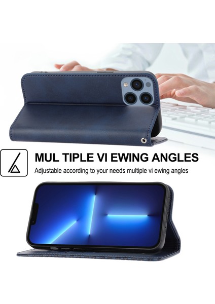 iPhone15 Pro Pu Deri Telefon Kılıfı Için Basklı Rhombus Desen Görüntüleme Stand Cüzdan Kapak Mavisi (Yurt Dışından)