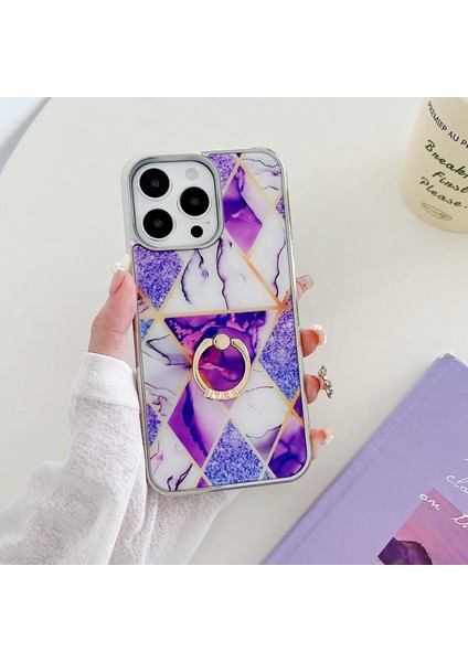 iPhone15 Pro Ring Tutucu Için Kılıf Ekleme Mermer Telefon Kapak-Dark Mor (Yurt Dışından)