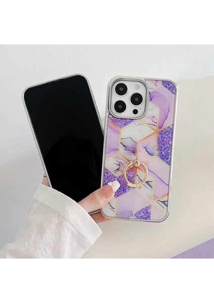 iPhone15 Pro Ring Tutucu Için Kılıf Ekleme Mermer Telefon Kapak-Dark Mor (Yurt Dışından)