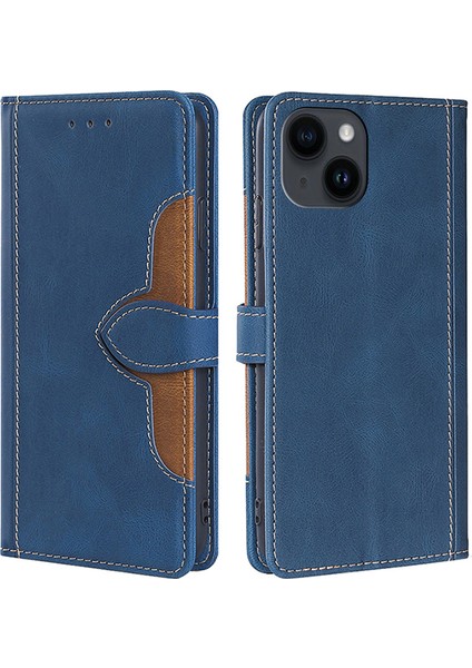 iPhone15 Plus Cilt Touch Cüzdan Telefon Kılıfı Hasır Şapka Pu Deri Stand Telefon Kapak Mavisi (Yurt Dışından)