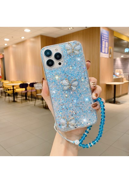 iPhone15 Pro Max Glittery Telefon Kılıfı Tpu Kelebek Rhinestone Dekor Kapağı Zincir-Mavi ile (Yurt Dışından)