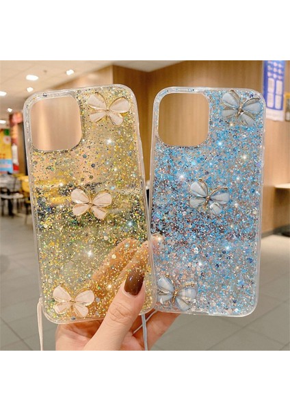 iPhone15 Pro Max Glittery Telefon Kılıfı Tpu Kelebek Rhinestone Dekor Kapağı Zincir-Mavi ile (Yurt Dışından) modelleri