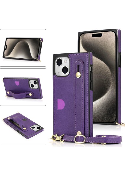iPhone15 Plus Pu Pu Pu Deri Kaplı Tpu Kart Tutucu Kickstand Telefon Kapak-Mor (Yurt Dışından)