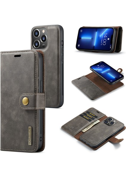 iPhone15 Pro Telefon Kılıfı Için Şok Geçirmez Deri Deri Çıkarılabilir Manyetik Telefon Kabuğu Cüzdan Stand Kapak-Grey (Yurt Dışından)