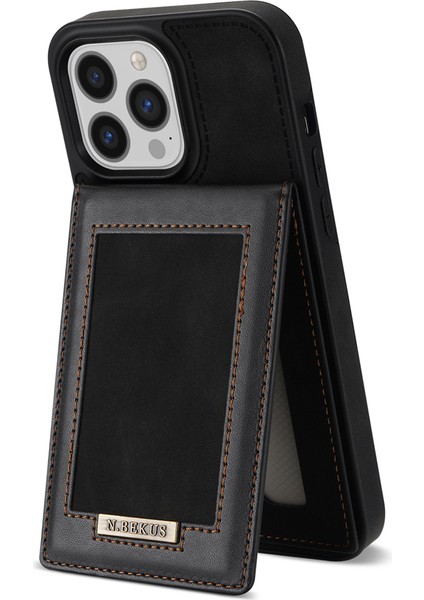 iPhone15 Pro Rfid Engelleme Kart Tutucu Deri Kaplamalı Tpu Telefon Kapak Black Için Kickstand Case (Yurt Dışından)
