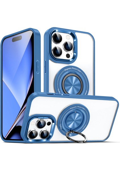 iPhone15 Pro Max Pc+Tpu+Akrilik Telefon Kılıfı Yüzüğü Kickstand Şeffaf Kapak Magsafe-Blue ile Uyumlu (Yurt Dışından)