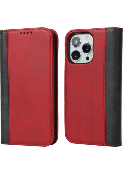 iPhone15 Pro Bi-Renkli Ekleme Pu Deri Dergisi Destek Desteği Stand Cüzdan Kapak-Kırmızı+Siyah (Yurt Dışından)