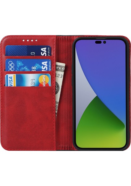 iPhone15 Pro Bi-Renkli Ekleme Pu Deri Dergisi Destek Desteği Stand Cüzdan Kapak-Kırmızı+Siyah (Yurt Dışından)