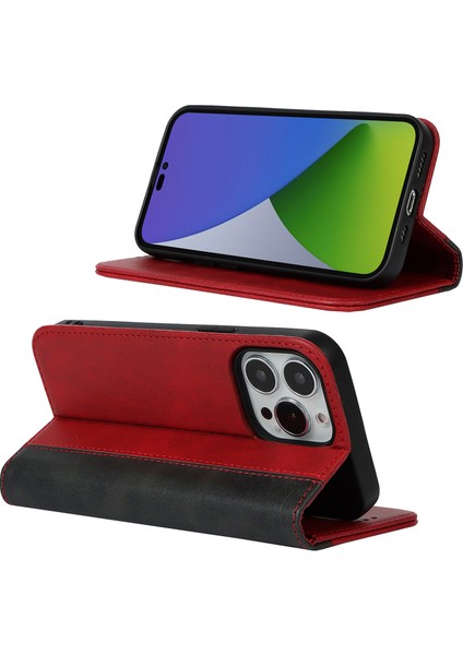 iPhone15 Pro Bi-Renkli Ekleme Pu Deri Dergisi Destek Desteği Stand Cüzdan Kapak-Kırmızı+Siyah (Yurt Dışından)