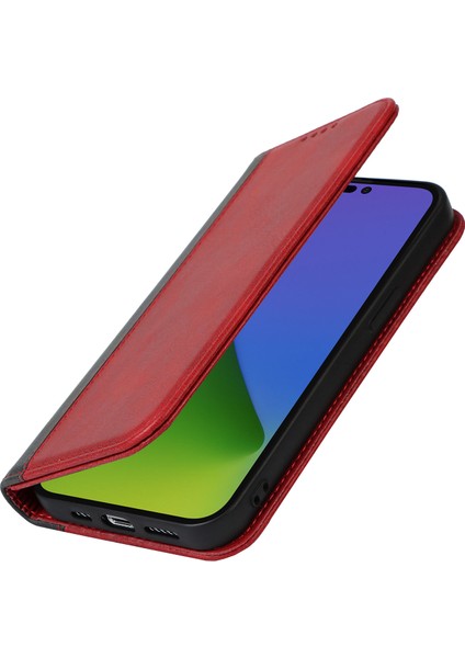 iPhone15 Pro Bi-Renkli Ekleme Pu Deri Dergisi Destek Desteği Stand Cüzdan Kapak-Kırmızı+Siyah (Yurt Dışından)