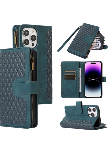 iPhone15 Pro Max Zipper Cep 9 Kart Yuvaları Deri Kabuk Cüzdan Stand Telefon Kılıfı 2 Kayış Yeşili (Yurt Dışından)