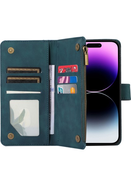 iPhone15 Pro Max Zipper Cep 9 Kart Yuvaları Deri Kabuk Cüzdan Stand Telefon Kılıfı 2 Kayış Yeşili (Yurt Dışından) indirimleri