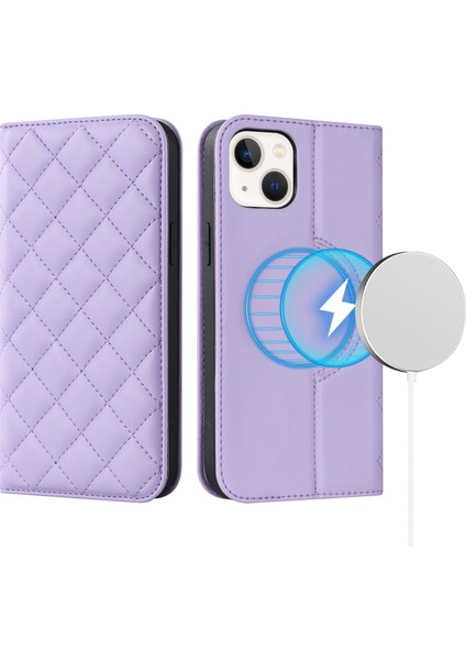 iPhone15 Pu Deri Kart Tutucu Kılıfı Stand Rfıd Engelleme Telefon Kapağı Magsafe-Purple ile Uyumlu (Yurt Dışından)