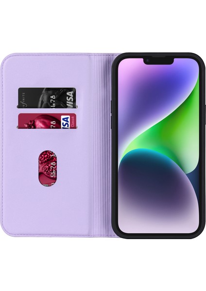 iPhone15 Pu Deri Kart Tutucu Kılıfı Stand Rfıd Engelleme Telefon Kapağı Magsafe-Purple ile Uyumlu (Yurt Dışından)