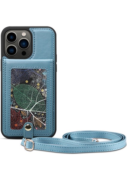 iPhone15 Pro Desen Basılı Kart Tutucu Kickstand Telefon Kılıfı Pu Deri+Tpu Uzun Kayış Mavisi ile Kapak (Yurt Dışından)