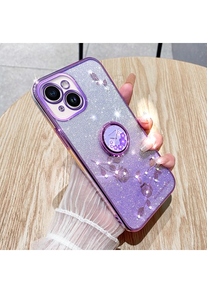 iPhone15 Plus Ring Kickstand Çiçek Deseni Gradyanı Tpu Kapağı Parıltı Şok Geçirmez Telefon Vaka-Mor (Yurt Dışından)