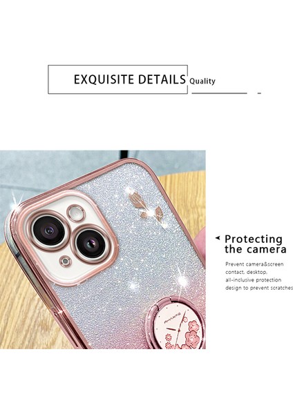 iPhone15 Plus Ring Kickstand Çiçek Deseni Gradyanı Tpu Kapağı Parıltı Şok Geçirmez Telefon Vaka-Mor (Yurt Dışından)
