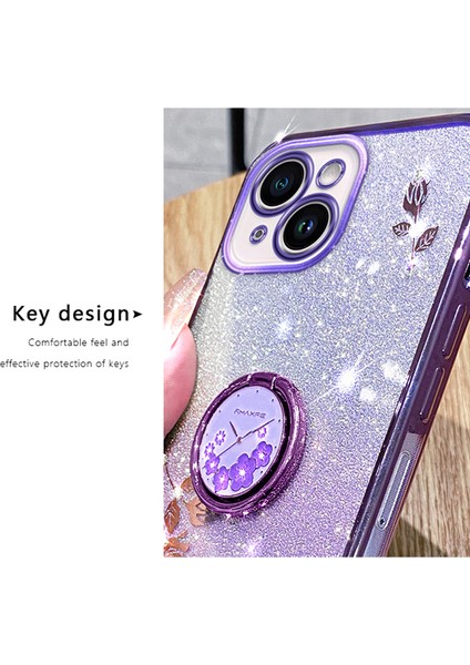 iPhone15 Plus Ring Kickstand Çiçek Deseni Gradyanı Tpu Kapağı Parıltı Şok Geçirmez Telefon Vaka-Mor (Yurt Dışından)