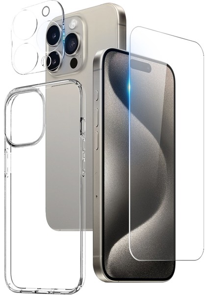 Hd Temperli Cam Ekran Koruyucusu/kamera Lens Filmi ile iPhone15 Pro Kılıf Için 3'ü 1 Arada Şok Geçirmez Kapak (Yurt Dışından)