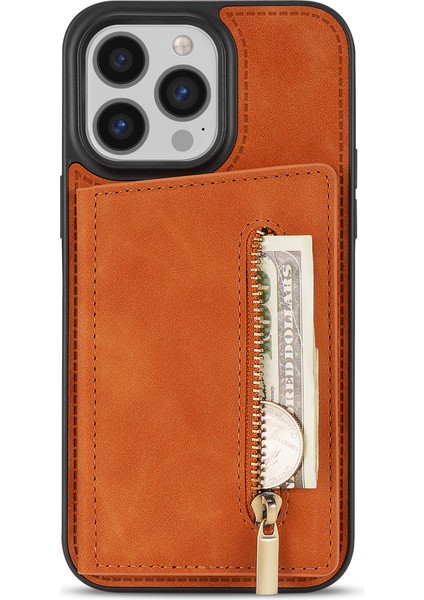 iPhone15 Pro Max Zipper Cep Telefon Kılıfı Kickstand Cüzdan Pu Deri Kaplamalı Tpu Kapak-Kahverengi (Yurt Dışından)