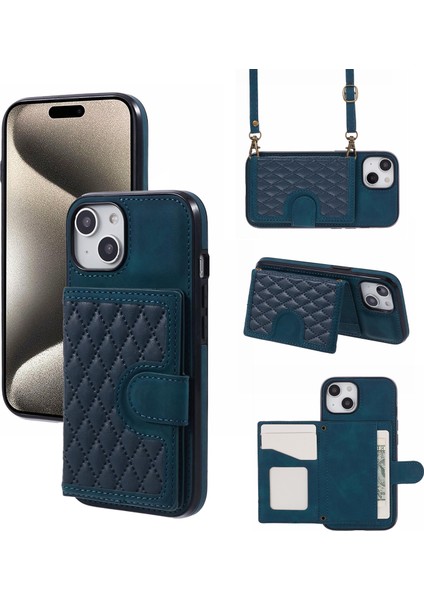 iPhone15 Plus Için Plus Grid Baskılı Cüzdan Kılıfı Pu Deri Kaplamalı Tpu Kart Yuvaları Kickstand Telefon Kapağı Omuz Kayışı Yeşili (Yurt Dışından)