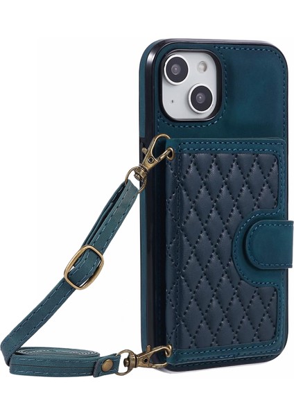 iPhone15 Plus Için Plus Grid Baskılı Cüzdan Kılıfı Pu Deri Kaplamalı Tpu Kart Yuvaları Kickstand Telefon Kapağı Omuz Kayışı Yeşili (Yurt Dışından)