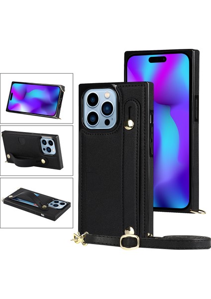 iPhone15 Pro Max Cep Telefon Kılıfı Kartı Yuvası Pu Deri+Tpu Omuz Kayışı Black ile Arka Kabuk (Yurt Dışından)