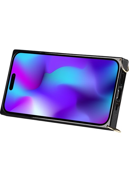 iPhone15 Pro Max Cep Telefon Kılıfı Kartı Yuvası Pu Deri+Tpu Omuz Kayışı Black ile Arka Kabuk (Yurt Dışından)