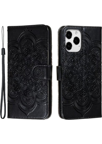 iPhone15 Pro Mandala Için Çiçek Kılıfı Pu Deri Stand Cüzdan Telefon Kapağı Black (Yurt Dışından)