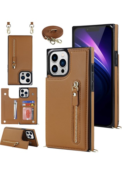 iPhone15 Pro Max Rfıd Engelleme Telefon Kılıfı Tpu+Pu Kickstand Cüzdan Telefon Kapağı Omuz Kayış Kahverengi (Yurt Dışından)