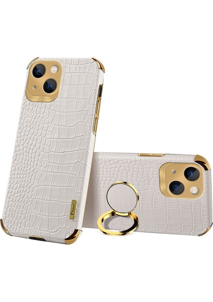 iPhone15 Timsah Doku Yüzüğü Kickstand Telefon Kasası Elektrumanlı Deri+Tpu Kapak-Beyaz (Yurt Dışından)
