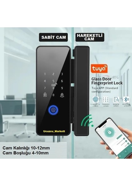 Ucuzcu Market Kalite Akıllı Cam Kapı Kilidi (Parmak Izi + Şifre + Kart + Bluetooth Ile Açma)