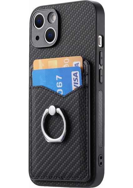 iPhone15 Plus Karbon Fiber Doku Pu Deri+Pc+Tpu Telefon Kılıf Kart Tutucu Yüzük Kickstand Cep Telefonu Kapak Black (Yurt Dışından)