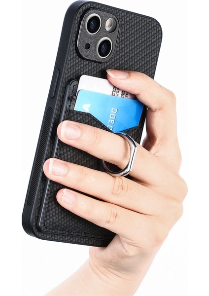 iPhone15 Plus Karbon Fiber Doku Pu Deri+Pc+Tpu Telefon Kılıf Kart Tutucu Yüzük Kickstand Cep Telefonu Kapak Black (Yurt Dışından) fırsatları
